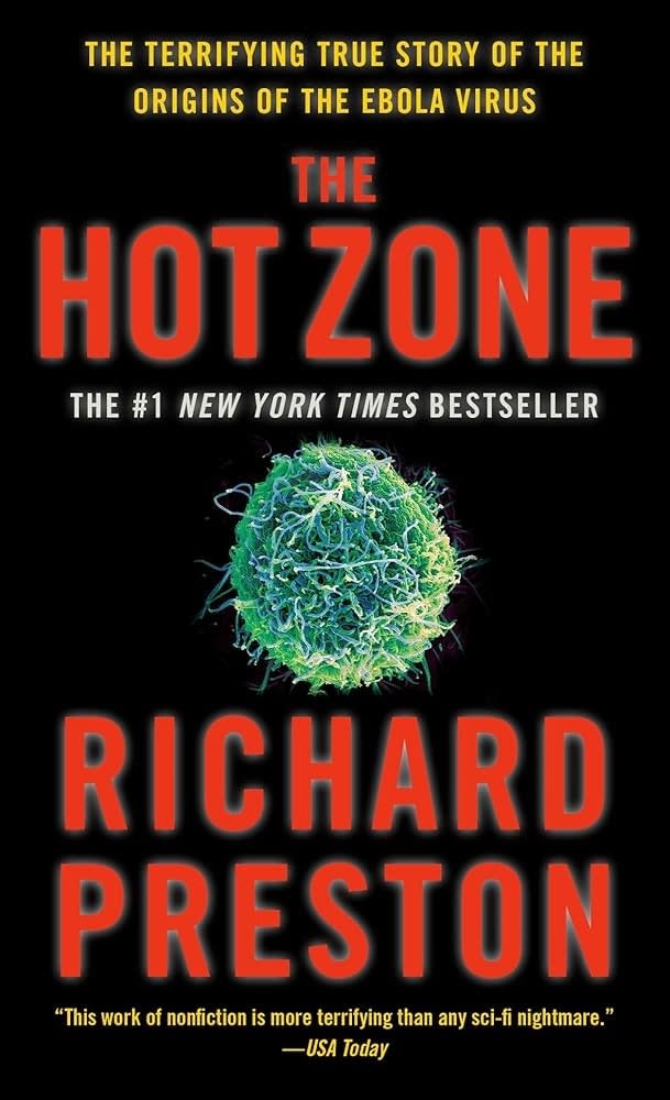 Book cover of "The Hot Zone" with a title, an illustrated virus, and author Richard Preston's name