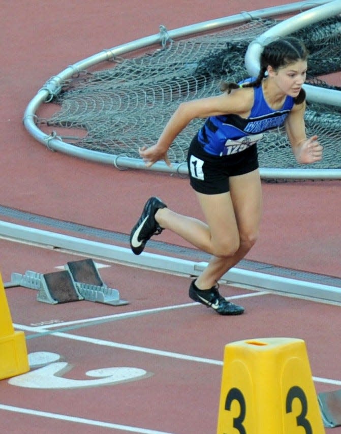 Windthorst's Saige Anderson gets out of the blocks for the Class 2A girls 300-meter hurdles at the UIL State Track & Field Championships on Friday, May 7, 2021, at Mike A. Myers Stadium in Austin.