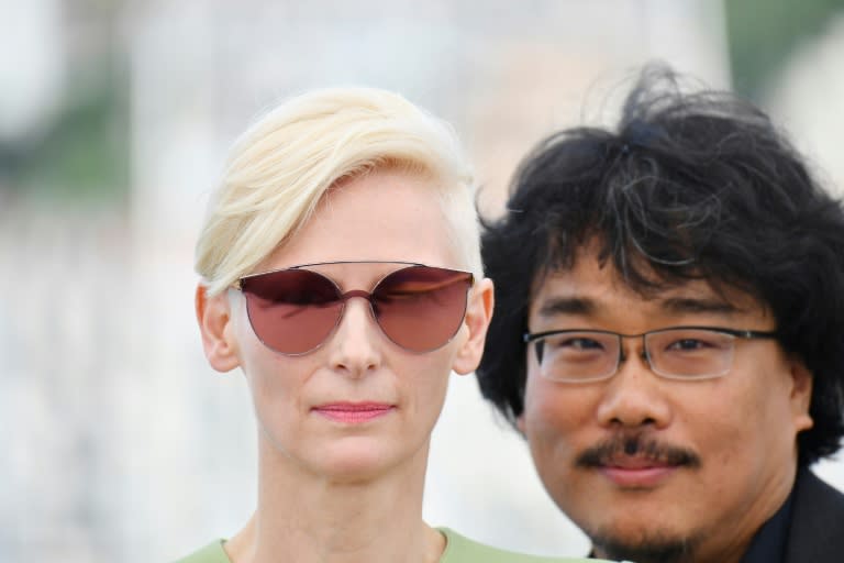 British actress Tilda Swinton and South Korean director Bong Joon-ho are promoting the film 'Okja' at the Cannes Film Festival in southern France