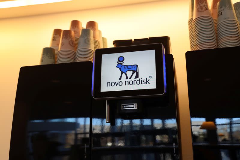 FILE PHOTO: A coffee machine featuring Novo Nordisk logo is seen at the company headquarters in Copenhagen