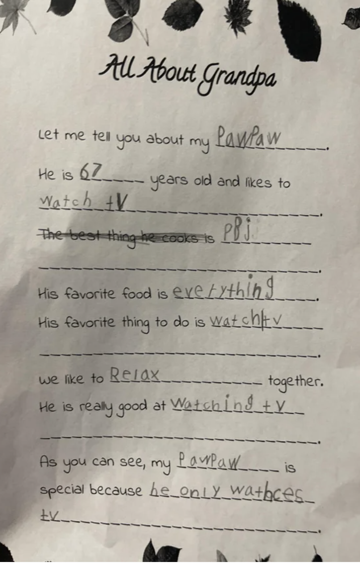 Child's handwriting filling in a questionnaire, "Let me tell you about my ___ [PawPaw]," saying that he is 67, he likes to watch TV, his favorite food is "everything," they like to "relax" together, and his pawpaw is special because "he only wathces tv"