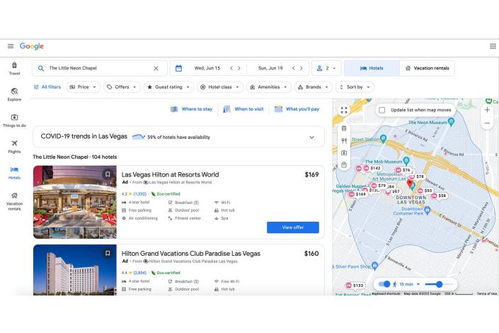 The GoogleTravel interface looking for hotels in Las Vegas
