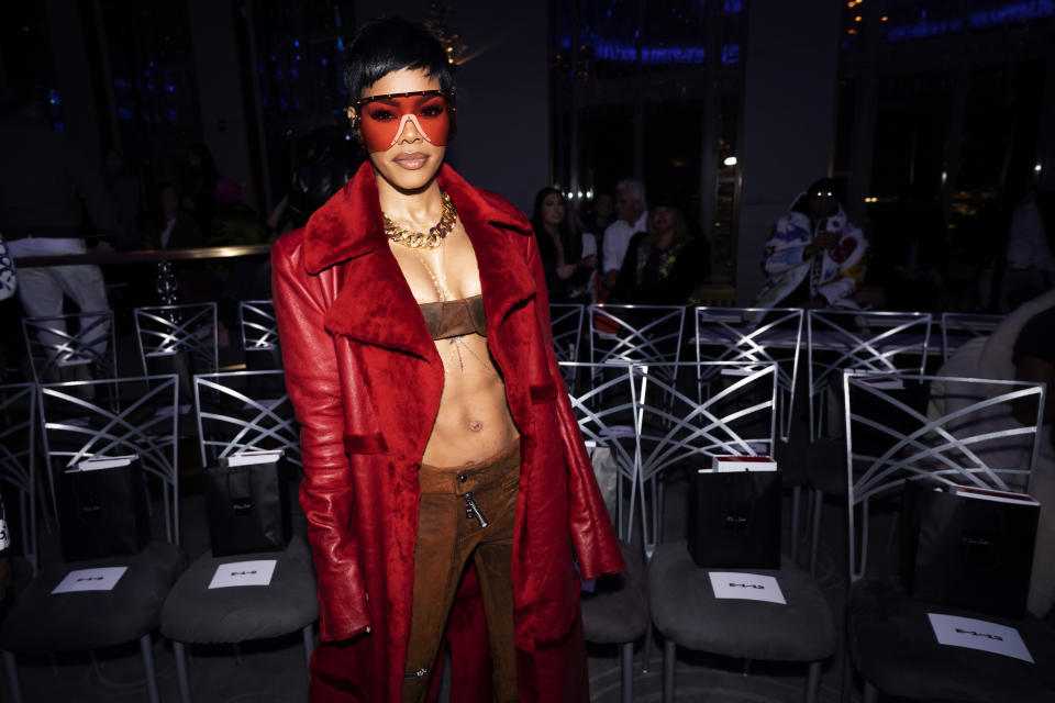 Teyana Taylor attends the LaQuan Smith Fall/Winter 2023 fashion show at the Rainbow Room on Monday, Feb. 13, 2023, in New York. (Photo by Charles Sykes/Invision/AP)