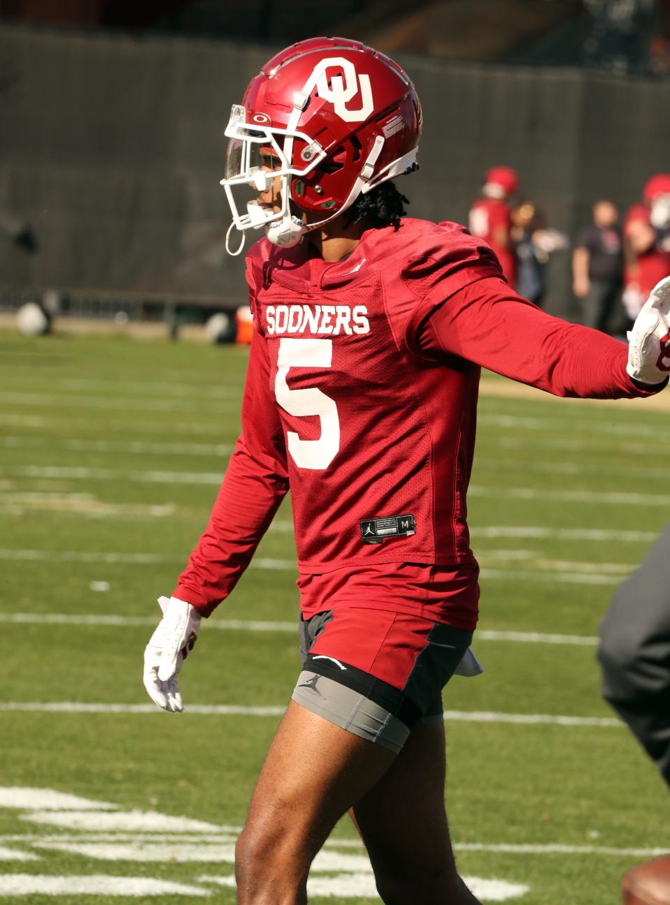 Andrea Anthony goes through drills as the University of Oklahoma Sooners (OU) college football team holds spring practice outside of Gaylord Family/Oklahoma Memorial Stadium on  March 21, 2023 in Norman, Okla.  [Steve Sisney/For The Oklahoman]