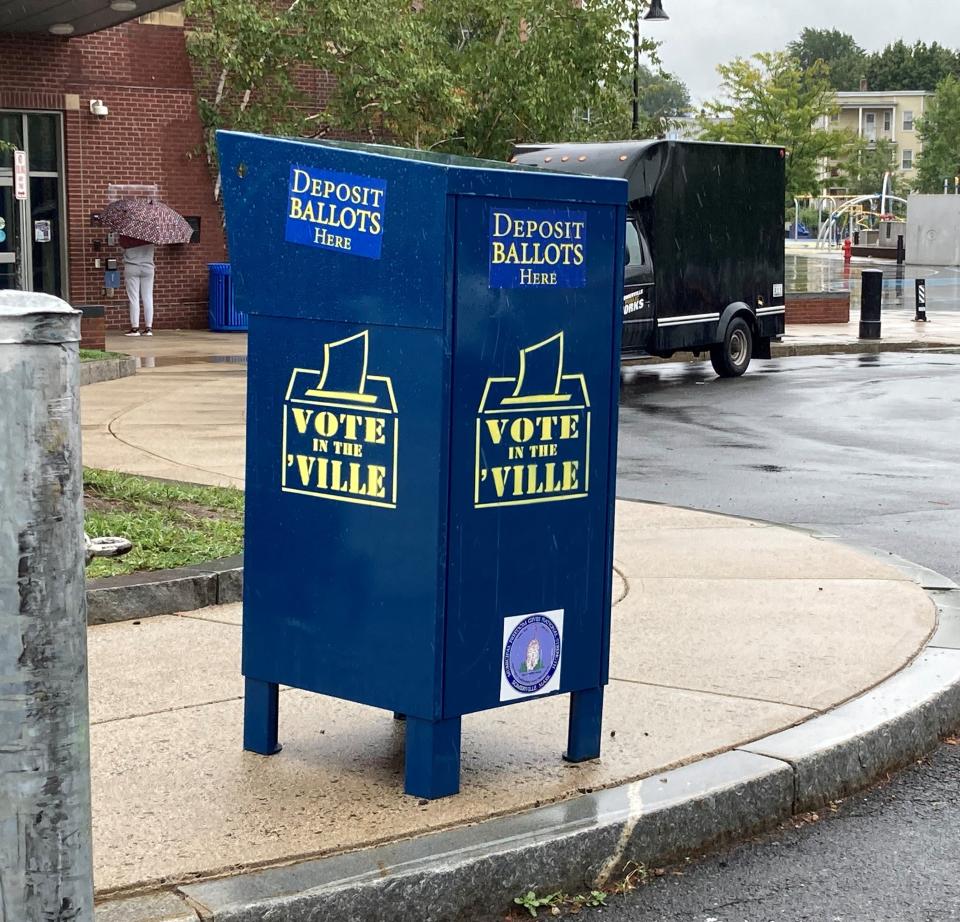 A ballot drop box located at the Albert F. Argenziano School in Somerville, the polling place for residents of the city's Ward 2. Later mail-in-voters were advised to drop ballots in these boxes rather than the mail after a certain date to ensure their votes are counted.