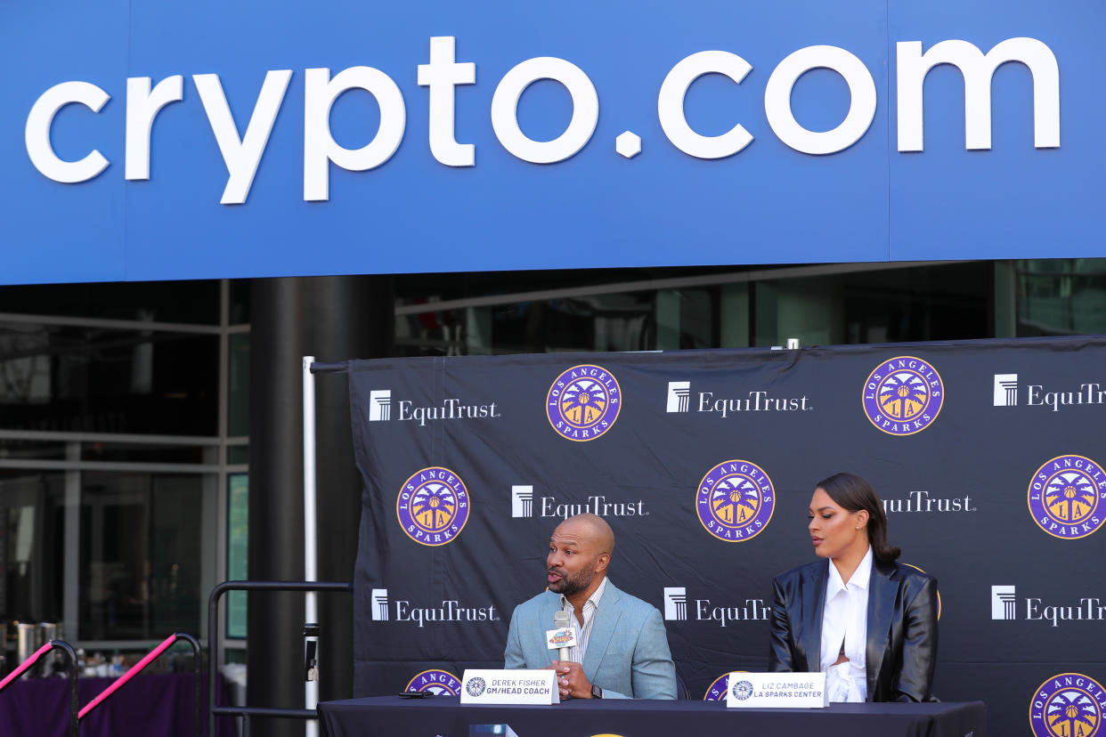 Derek Fisher and Liz Cambage attend the Los Angeles Sparks Introduce Liz Cambage at Crypto.com Arena on February 23, 2022 in Los Angeles. (Photo by Leon Bennett/Getty Images)