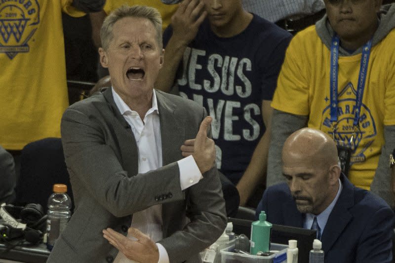 Golden State Warriors head coach Steve Kerr (pictured) said he disagreed with a referee's decision to eject guard Klay Thompson from a game against the Minnesota Timberwolves on Tuesday in San Francisco. File Photo by Terry Schmitt/UPI