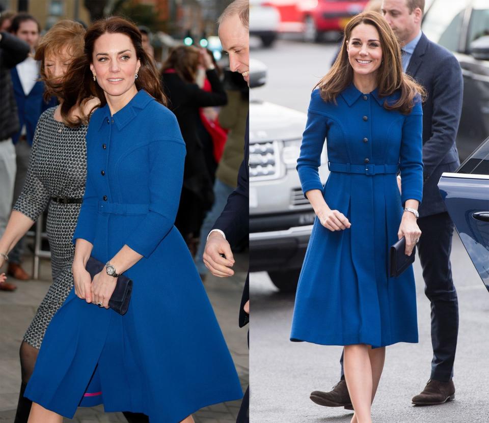 <p>It was a cobalt Eponine London dress coat for the a visit to a child bereavement center at CBUK Stratford in January 2017. Middleton re-wore the classic knee-length coat in November 2018 while attending the opening of a McLaren Technology center. </p>