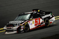 DAYTONA BEACH, FL - FEBRUARY 27: Kurt Busch drives the wrecked #51 Tag Heuer Avant-Garde Chevrolet Chevrolet on the apron after an on track incident during the NASCAR Sprint Cup Series Daytona 500 at Daytona International Speedway on February 27, 2012 in Daytona Beach, Florida. (Photo by John Harrelson/Getty Images for NASCAR)