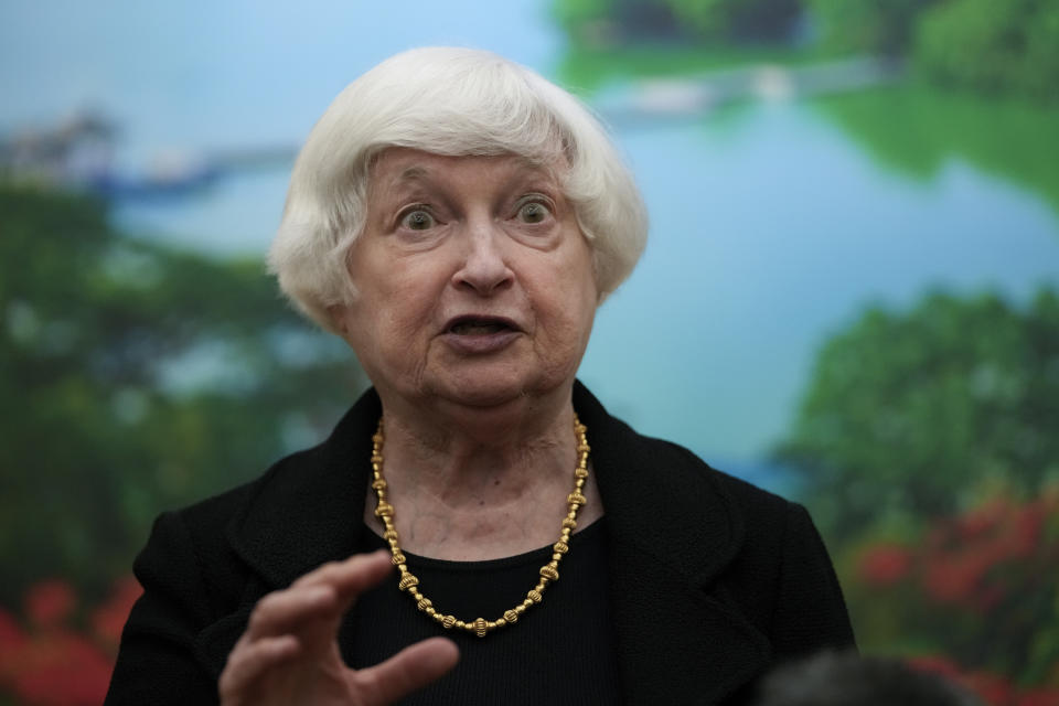 U.S. Treasury Secretary Janet Yellen speaks to the journalists after meeting with Chinese Vice Premier He Lifeng, at the Guangdong Zhudao Guest House in southern China's Guangdong province, Saturday, April 6, 2024. (AP Photo/Andy Wong, Pool)