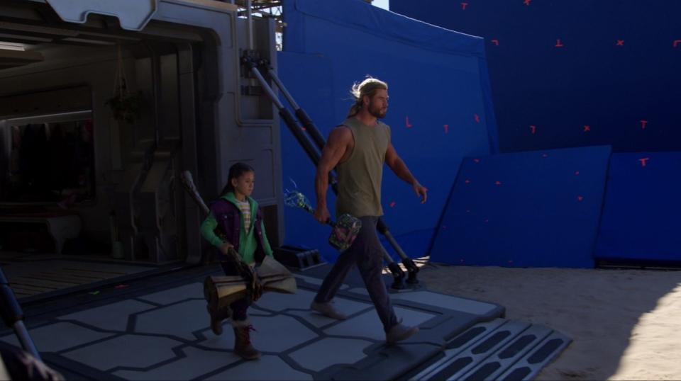 India Rose Hemsworth and Chris Hemsworth on the set of "Thor: Love and Thunder."