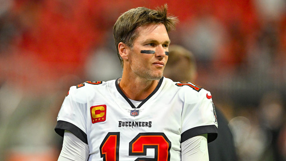 Tom Brady, rozgrywający z Tampa Bay, inwestor FTX, widziany przed meczem z Atlanta Falcons