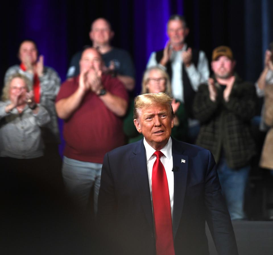 Donald Trump brought his returning bid for the White House to Greenville, S.C. The former President was in town for a Ingraham Angle Town Hall at the Greenville Convention Center on Tuesday, Feb. 20, 2024. Guests react as Trump arrives to the Town Hall.