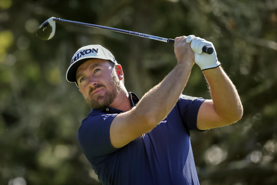 Graeme McDowell, of Northern Ireland, watches his drive off the second tee during the third round of the RSM Classic golf tournament on Saturday, Nov. 17, 2018, in St. Simons Island, Ga. (AP Photo/Stephen B. Morton)