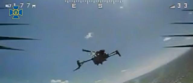 A video still showing a Ukrainian drone about to crash into another drone.