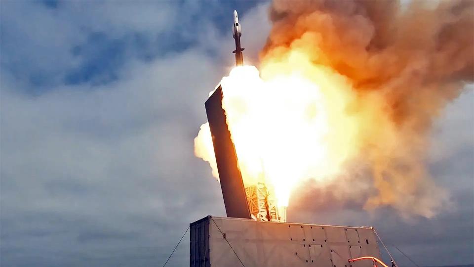 An SM-6 missile is fired from an Mk 70 containerized launcher, or a variant or <em>derivative</em> thereof, installed on the Independence class Littoral Combat Ship USS Savannah. <em>USN</em>