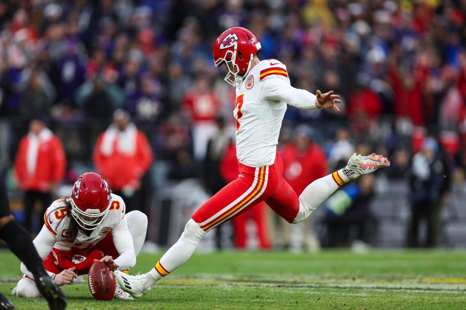 Harrison Butker kicks for a field goal during the AFC Championship game against the Baltimore Ravens on Jan. 28, 2024.<span class="copyright">Perry Knotts—Getty Images</span>