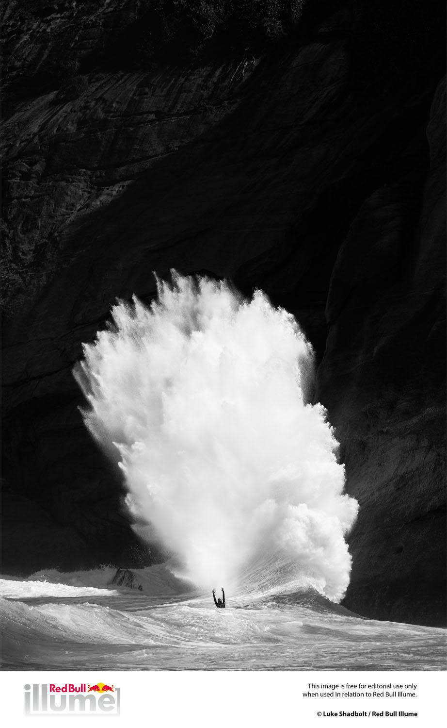 Energy: Luke Shadbolt, Australia for his black and white image showing the power of nature. Surfer Renan Faccini is set against a huge swell in Rio De Janeiro, Brazil. (© Luke Shadbolt / Red Bull Illume)