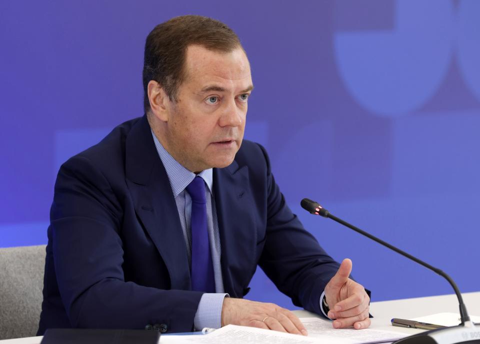FILE - Russian Security Council Deputy Chairman and the head of the United Russia party Dmitry Medvedev speaks during a meeting of the Skolkovo Foundation Board of Trustees outside Moscow, Russia, Friday, May 13, 2022. Medvedev warned the U.S. Wednesday, July 6, 2022 that it could face the “wrath of God” if it pursues efforts to help establish an international tribunal to investigate Russia's action in Ukraine. (Yekaterina Shtukina, Sputnik, Pool Photo via AP, File)