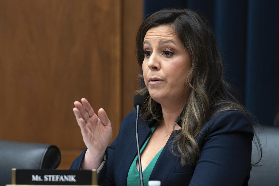 Republican Conference Chair Rep. Elise Stefanik, R-N.Y., questions Columbia University president Nemat Shafik during the House Committee on Education and the Workforce hearing on "Columbia in Crisis: Columbia University's Response to Antisemitism" on Capitol Hill in Washington, Wednesday, April 17, 2024. (AP Photo/Jose Luis Magana)