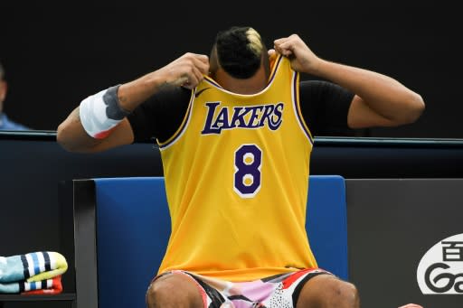 Australia's Nick Kyrgios arrived wearing a Lakers jersey, in tribute to Kobe Bryant