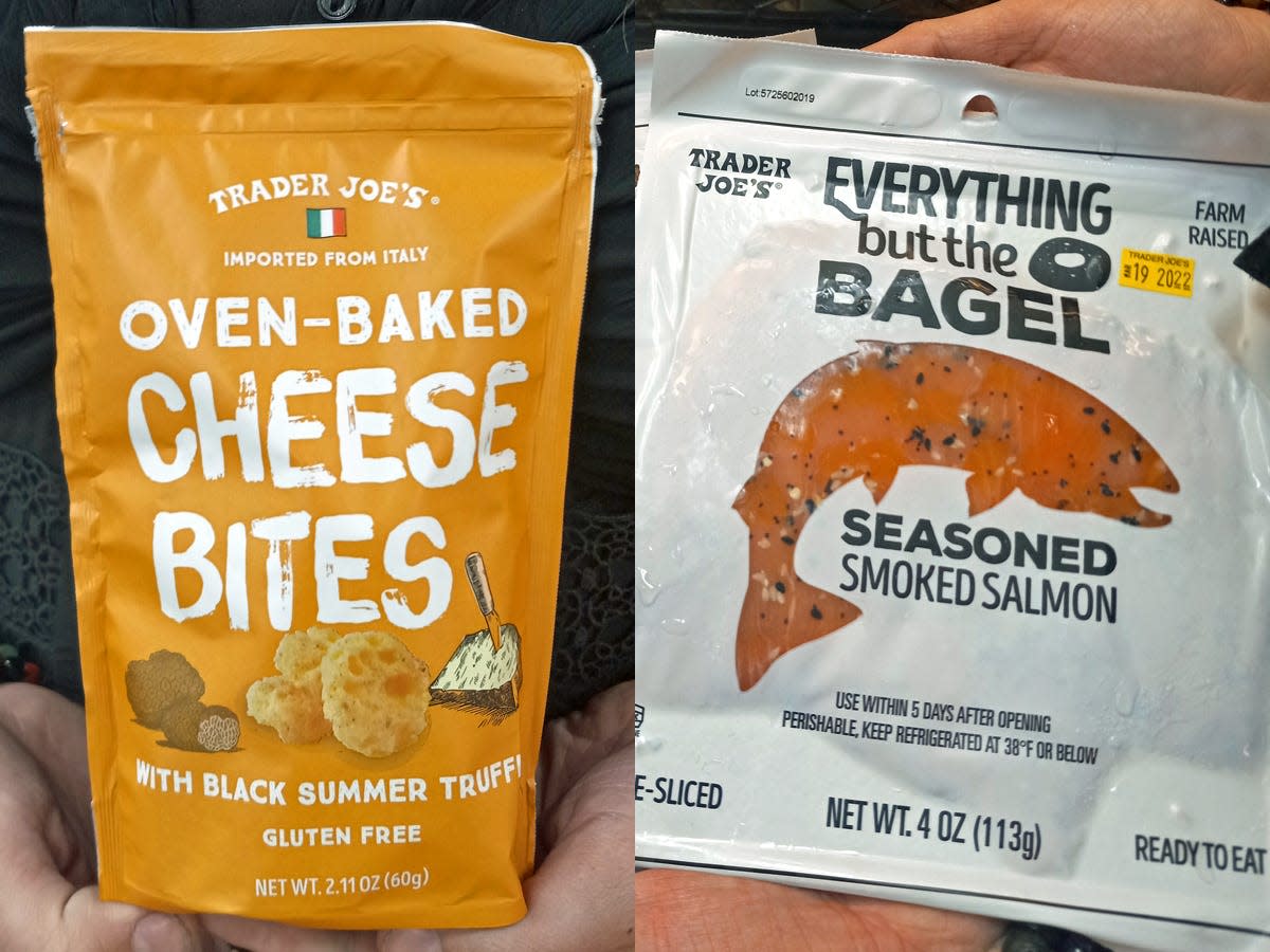 winter holding a bag of trader joes cheese bites and winter holding a package of everything but the bagel salmon from trader joes