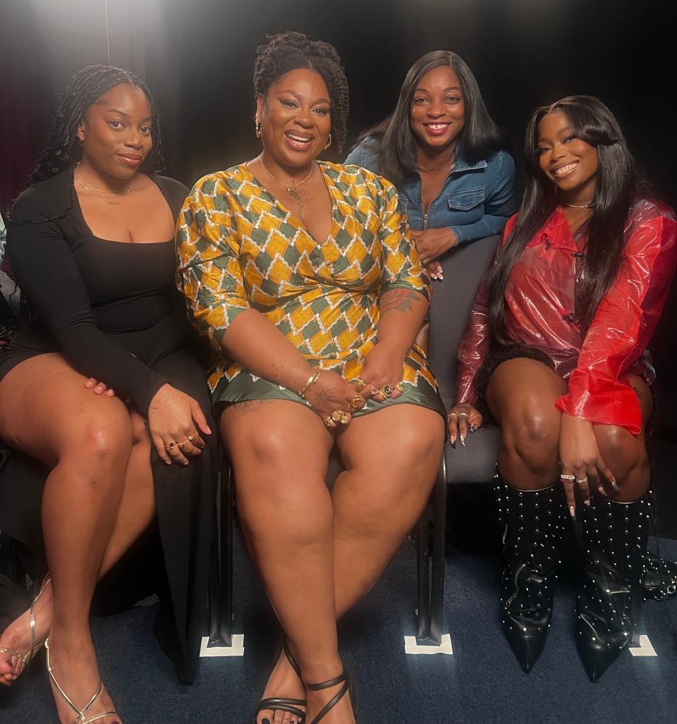 Actor Dionne Brown, author Candice Carty-Williams, BuzzFeed's Black culture editor Morgan Murrell, and singer/actor Bellah pictured together after the interview.