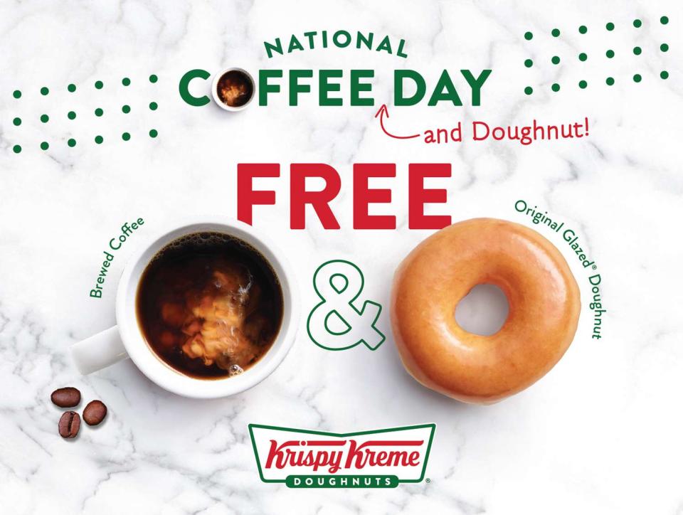 Krispy Kreme National Coffee Day coffee and donut on marbled countertop