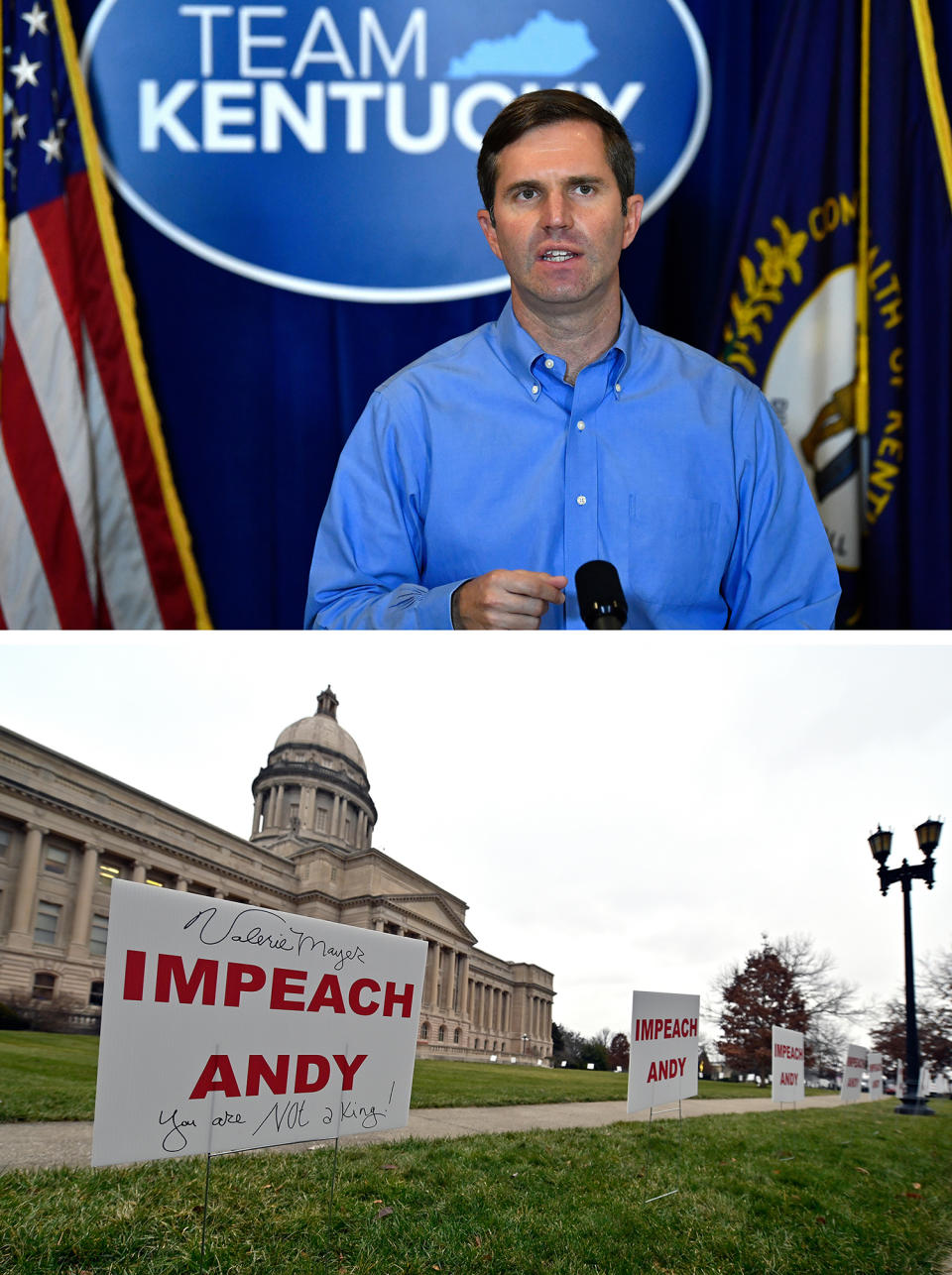 Signs (below) promoting the impeachment of Kentucky Gov. Andy Beshear (above) line the walkway and lawn of the State Capitol building in Frankfort, Ky., on Jan. 5, 2021.