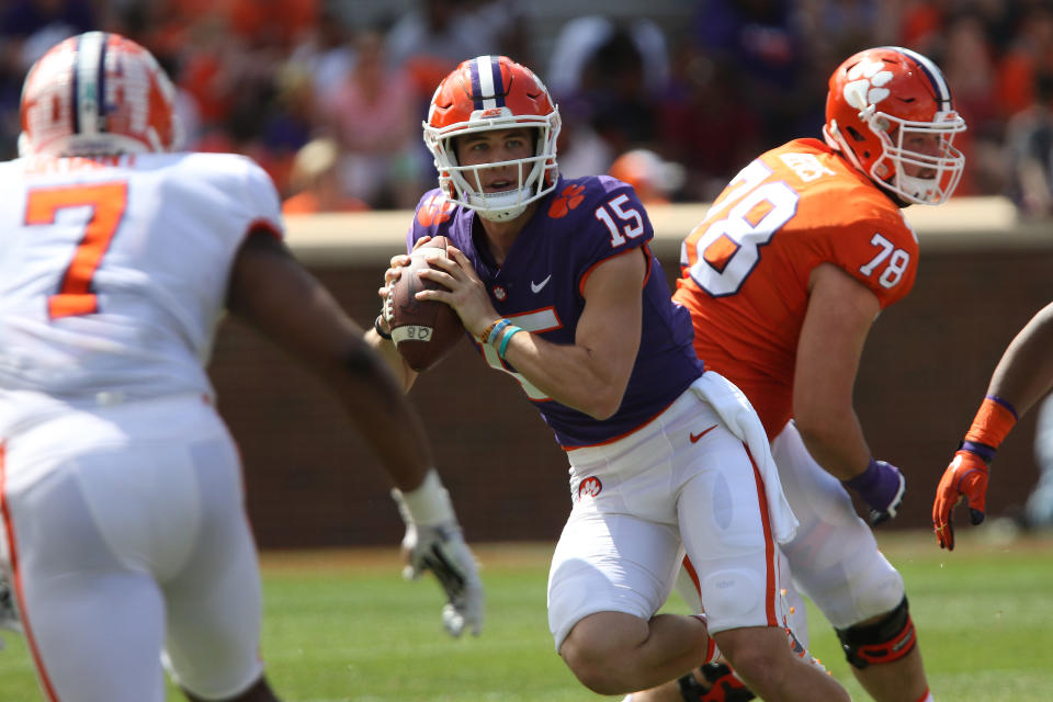 CLEMSON, SC - APRIL 14: Hunter Johnson (15) looks to throw a pass during action in the Clemson Spring Football game at Clemson Memorial Stadium on April 14, 2018 in Clemson, SC.. (Photo by John Byrum/Icon Sportswire via Getty Images)