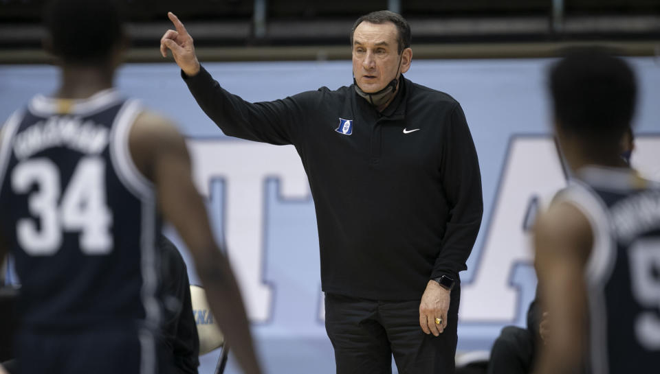 Duke coach Mike Krzyzewski motions to players during the second half of the team's NCAA college basketball game against North Carolina on Saturday, March 6, 2021, in Chapel Hill, N.C. (Robert Willett/The News & Observer via AP)