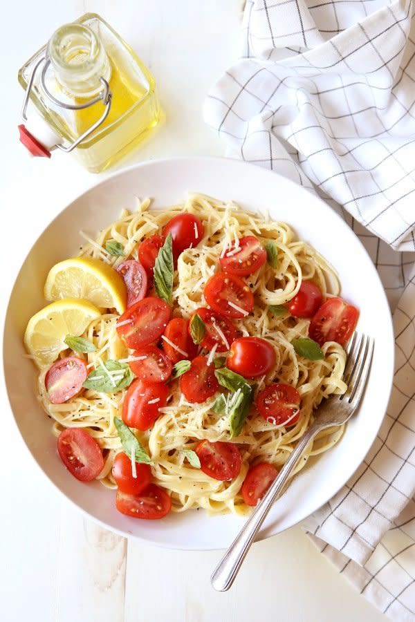 <strong>Get the <a href="https://www.completelydelicious.com/lemon-pasta-tomatoes-basil/" target="_blank">Lemon Pasta With Tomatoes And Basil</a> recipe from Completely Delicious</strong>