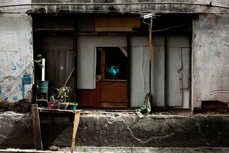 A TV is seen inside a flat of the abandoned Prestes Maia textile factory occupied by a homeless movement in downtown Sao Paulo, Brazil, May 8, 2018. REUTERS/Nacho Doce