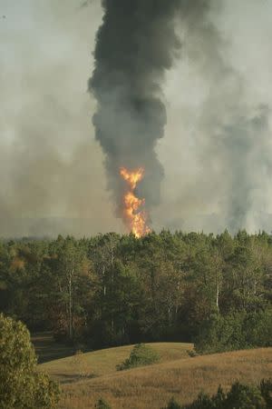 Flames shoot into the sky from a gas line explosion in western Shelby County, Alabama, U.S., October 31, 2016. REUTERS/Marvin Gentry