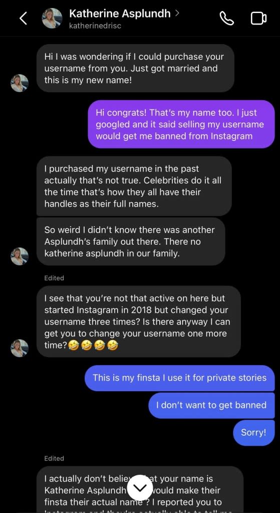 The out-of-the-blue message caught the real Katherine Asplundh off guard and made her nervous after doing some research StringSilly2839/Reddit