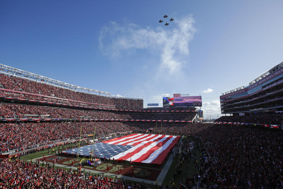 The playing of the national anthem at sporting events provides athletes one of the highest-profile platforms for protest imaginable. (AP Photo/Jeff Chiu)