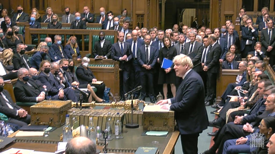 Prime Minister Boris Johnson speaks in the chamber of the House of Commons, Westminster, as MPs gather to pay tribute to Conservative MP Sir David Amess, who died on Friday after he was stabbed several times during a constituency surgery in Leigh-on-Sea, Essex.