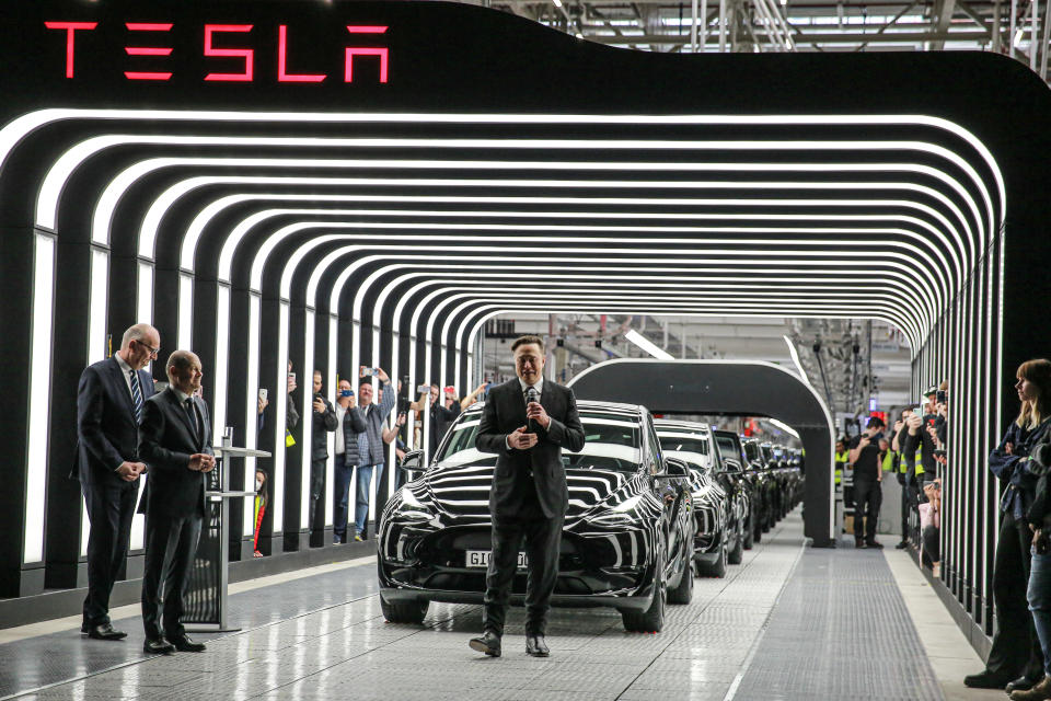 Tesla CEO Elon Musk speaks during the official opening of the new Tesla manufacturing plant on March 22, 2022 near Gruenheide, Germany. (Photo by Christian Marquardt - Pool/Getty Images)
