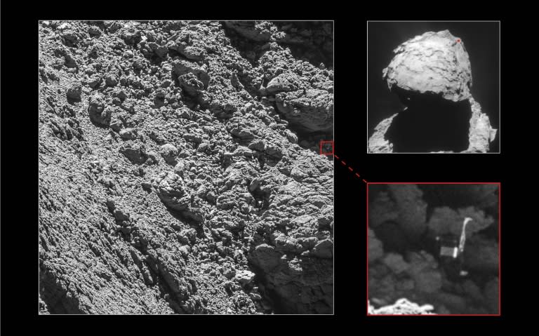 The European Space Agency craft Philae is shown on September 2, 2016, at the site of its landing on comet 67P/Churyumov-Gerasimenko