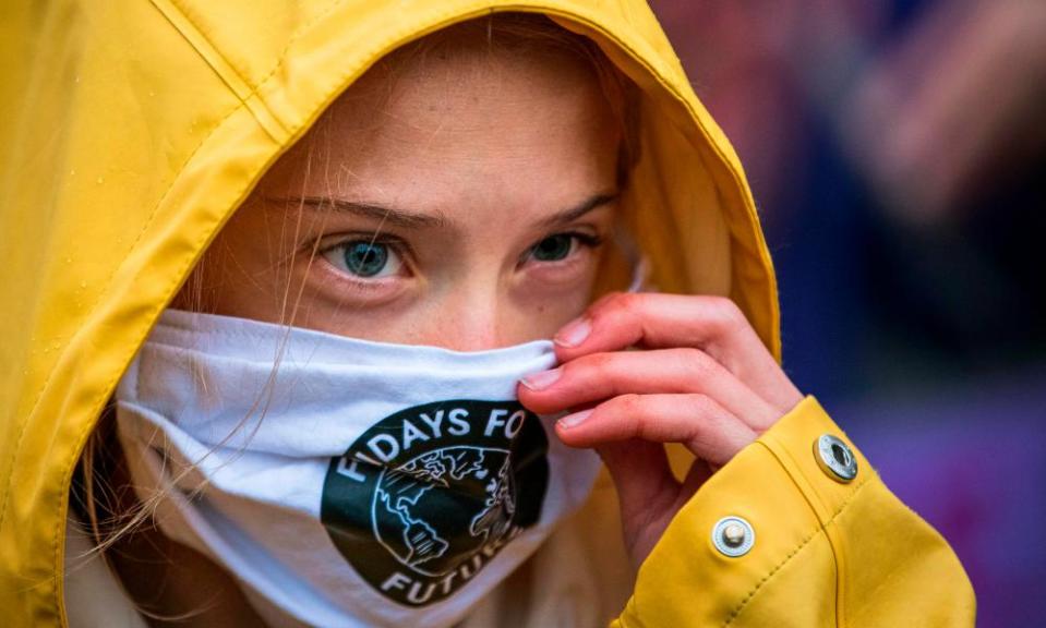 Greta Thunberg joins a “Fridays for Future” protest in front of the Swedish parliament