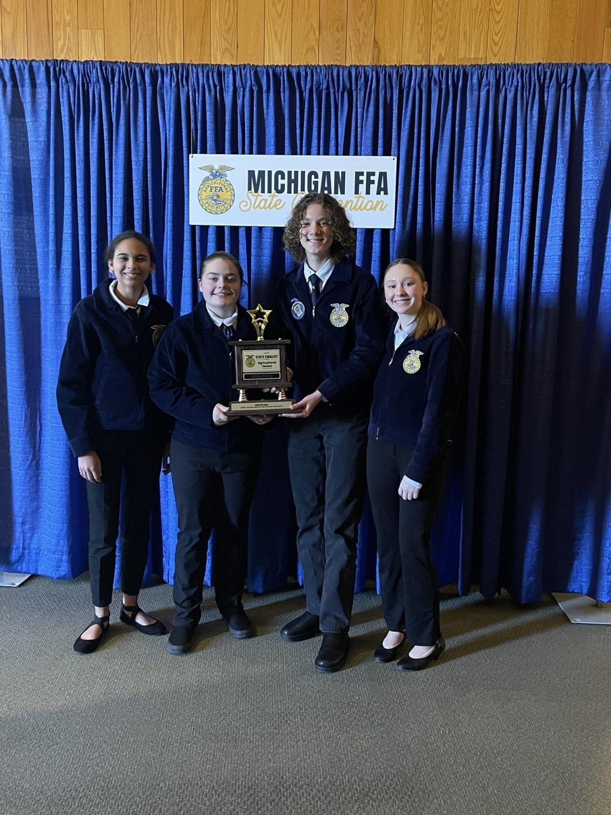 Whiteford High School seniors and FFA members who received their FFA State Degree were (back row, from left): Jack Iott, Jake Iott, Trent Olrich and Kenzie Gray and (front row): Zach Kahn, Aubrie Simmons, Reagan Wing and Margo Thomas.