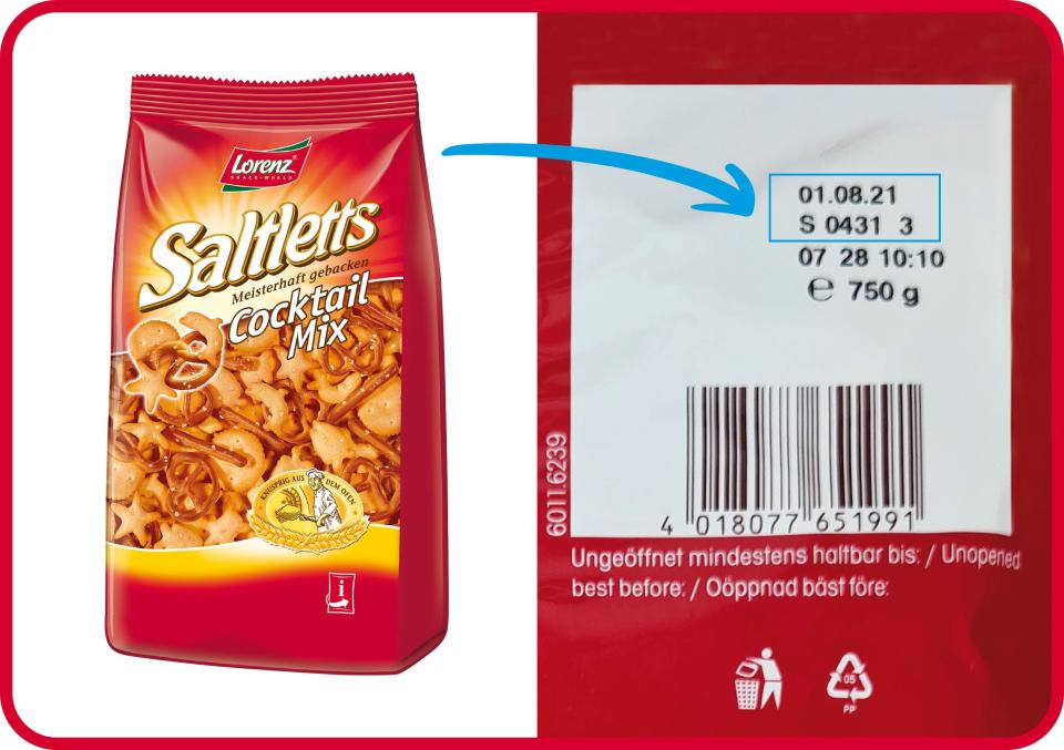 Die Chargennummern sind wie im Bild zu sehen auf den verschiedenen Produkten zu finden. (Bild: The Lorenz Bahlsen Snack-World GmbH & Co KG Germany/Lorenz Snack-World)