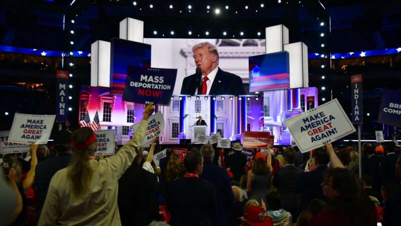 Donald Trump on big screen at Republican National Convention in Milwaukee.