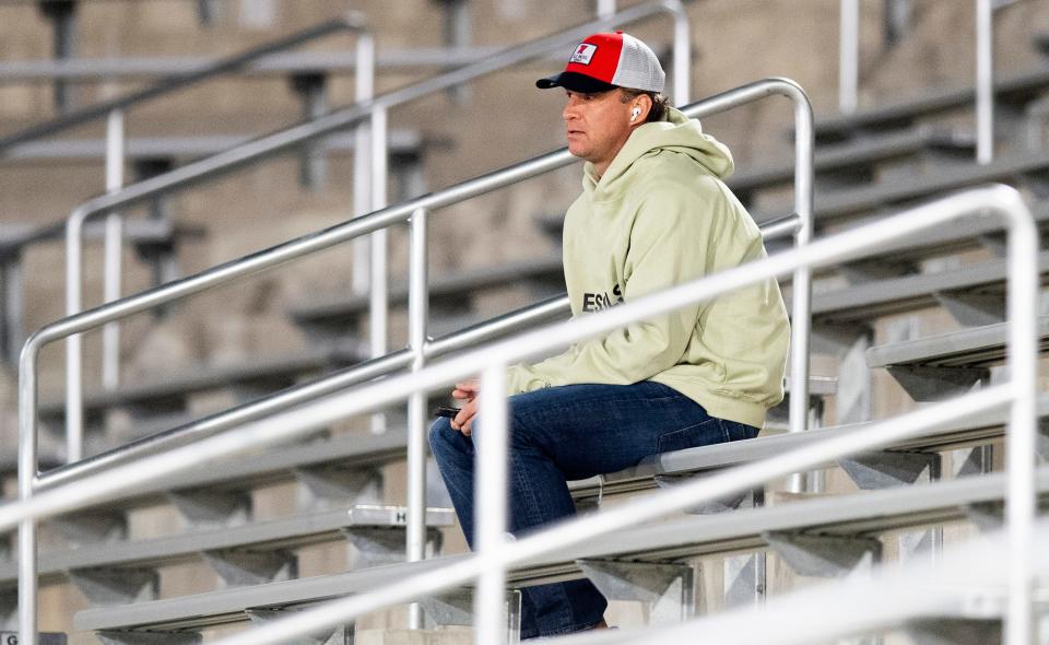 Ole Miss head coach Lane Kiffin watches the action in the AHSAA Class 5A State Football Championship Game at Protective Stadium in Birmingham, Ala., on Thursday December 2, 2021.