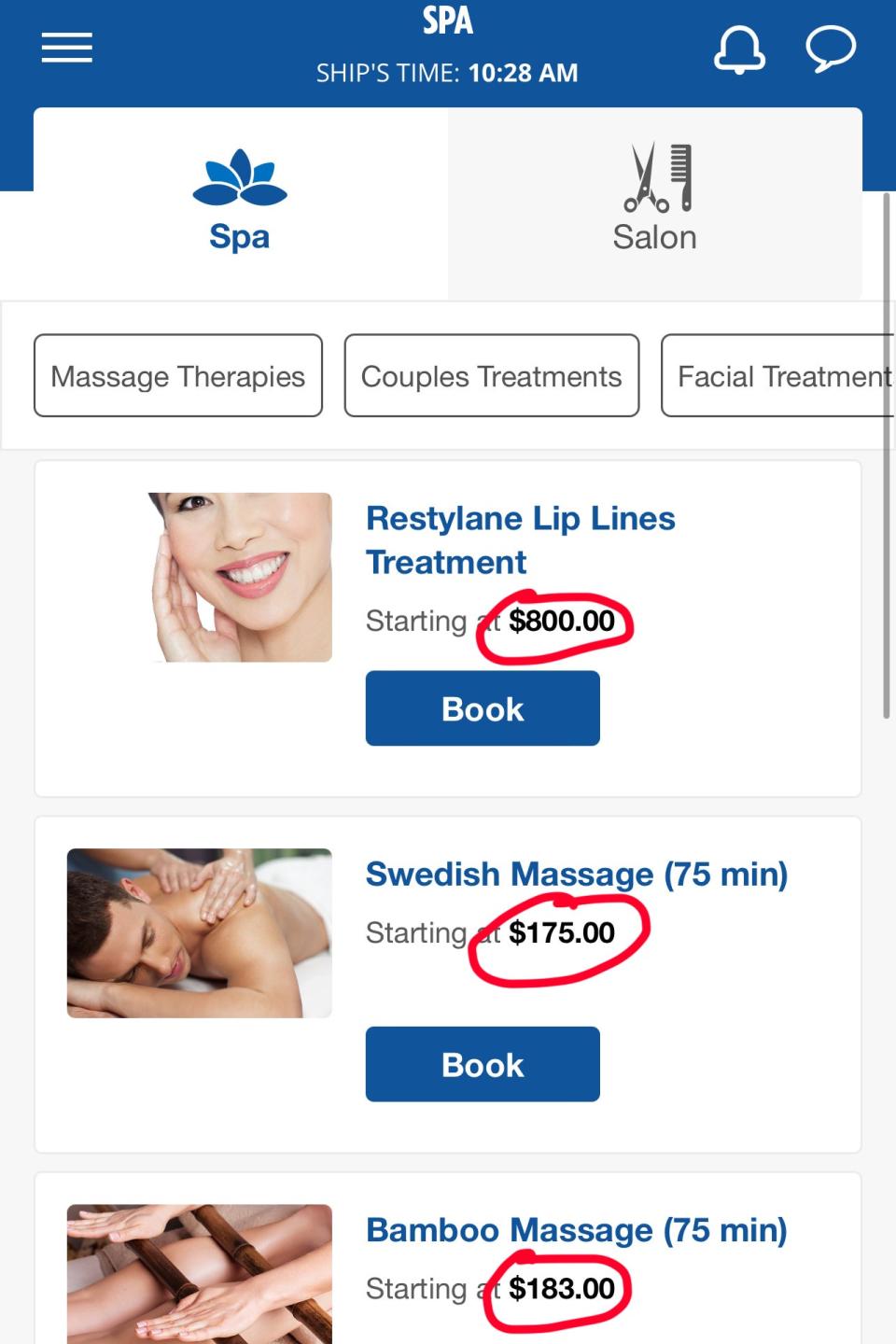 Spa advertisement with services listed and prices, featuring a facial, a couple's massage, and a bamboo treatment