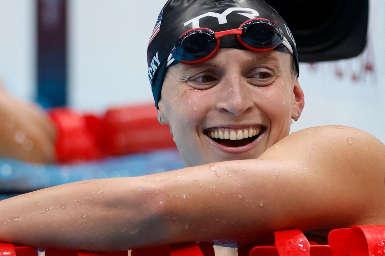 USA's Katie Ledecky reacts after winning gold in the final of the women's 800m freestyle swimming event during the Tokyo 2020 Olympic Games at the Tokyo Aquatics Centre in Tokyo on July 31, 2021. (AFP via Getty Images)