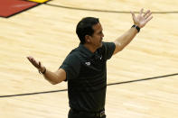 Miami Heat head coach Erik Spoelstra reacts during the second half of Game 4 of an NBA basketball first-round playoff series against the Milwaukee Bucks, Saturday, May 29, 2021, in Miami. (AP Photo/Lynne Sladky)