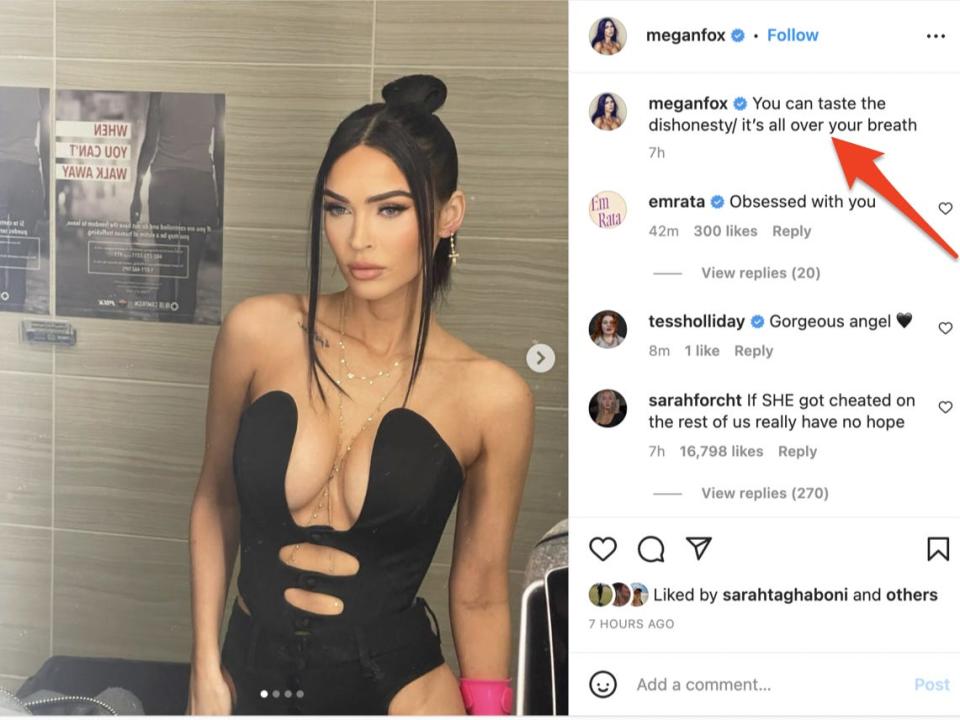 Megan Fox Instagram post with cryptic caption Beyoncé lyrics allegedly toward Machine Gun Kelly