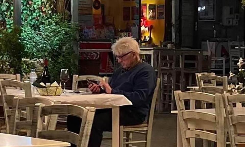 Stanley Johnson in a taverna in Greece on 2 July.