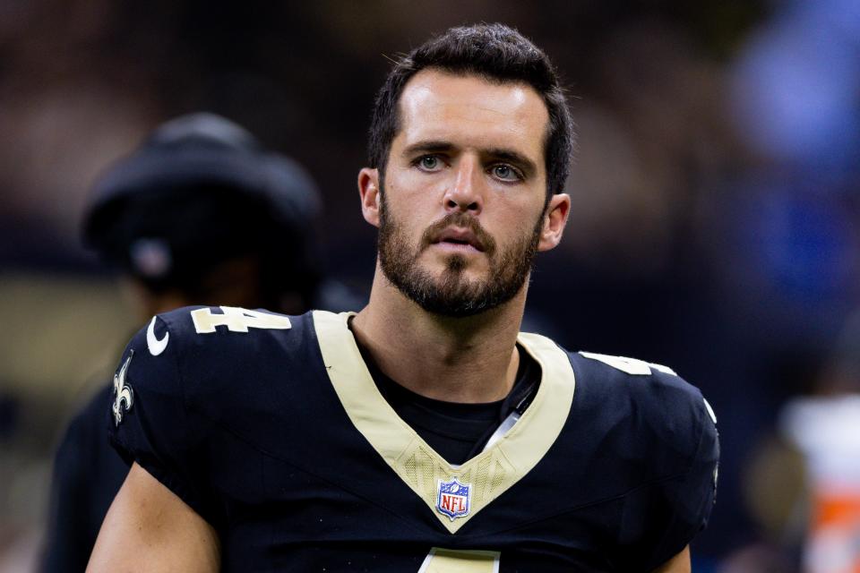 Aug 13, 2023; New Orleans, Louisiana, USA; New Orleans Saints quarterback Derek Carr (4) looks on against the Kansas City Chiefs during the second half at the Caesars Superdome. Mandatory Credit: Stephen Lew-USA TODAY Sports